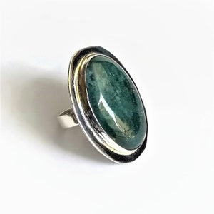 Handmade Oval Green Dendrite Agate Ring: Sterling Silver Statement Jewelry