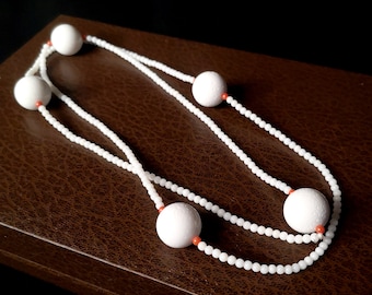 Handmade Long White & Red Coral Beaded Necklace - 35.43 Inches