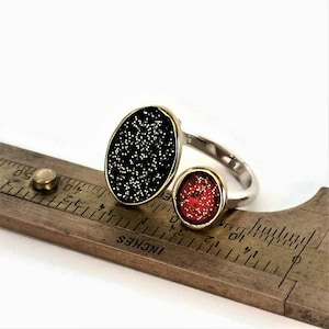 Red and Black Enamel Resin Open Cuff Ring, Sterling Silver Bronze Ring with Red and Black Cold Enamel Resin, Adjustable Ring, Unique Ring