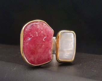 Ruby and Pearl Ring, Sterling Silver and Gold Ring with Raw Red Ruby and Freshwater White Pearl, Dual Gemstone Ring, Gift for Her