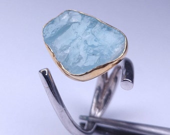 Handmade  Raw Rough Aquamarine Silver Ring, Handmade Sterling Silver Ring with Natural Raw Blue Aquamarine, Aquamarine Jewelry, Mother&#39;s Day