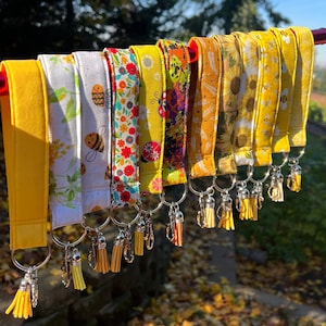 Key Fob Wristlet Keychain for Yellow Lovers Silver Glitter Ladybug Spring Flower Solid Soft Fabric Silver Hardware Floral Keychains Lanyard