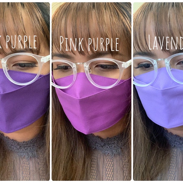 Lavender Purple Lilac Fabric Face Mask for Glasses 3D Origami Good Fit Double Layer 100% Cotton Adjustable Straps Comfortable Pandemic Gift
