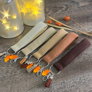 Dark Brown Key Fob Wristlet Keychain Fabric Light Brown Beige Keychains Tassel Silver Lobster Claw Clipper Walking Cane Straps Neutral Tone