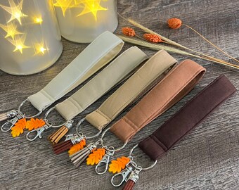 Dark Brown Key Fob Wristlet Keychain Fabric Light Brown Beige Keychains Tassel Silver Lobster Claw Clipper Walking Cane Straps Neutral Tone