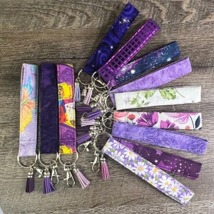 Purple key Fob Wristlets, Wristlet Keychains with Tassels Lanyard Silver Hardware, Gift for Purple Lovers, Floral Foil Glitter Purple Galaxy