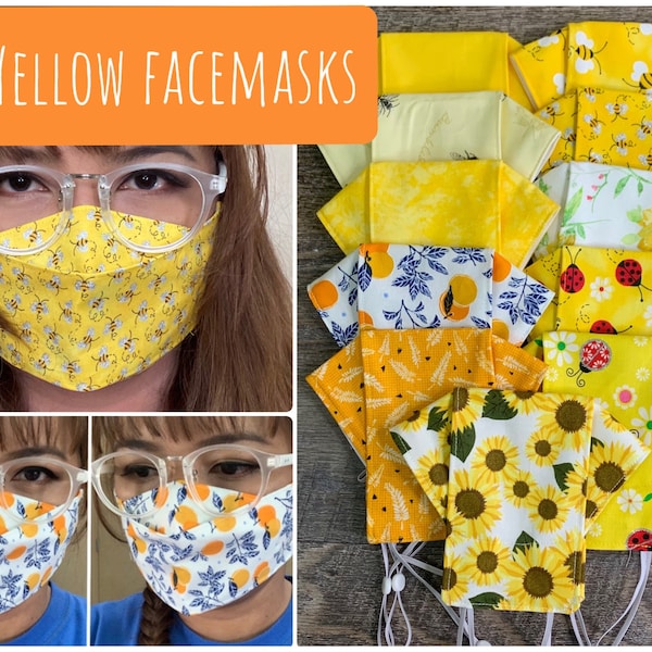 Face Mask for Glasses Wearers Double Layer Yellow Lady Bug Glitter BumbleBee Sunflowers Cotton Adjustable Elastic Straps Origami 3D Washable