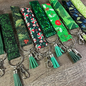 Key Fob Wristlet Keychain Silver Lobster Claw Clasp Durable Heavy Duty Tag Hanging Snake Print, Gift for Green Lovers, Dark Green Tassels