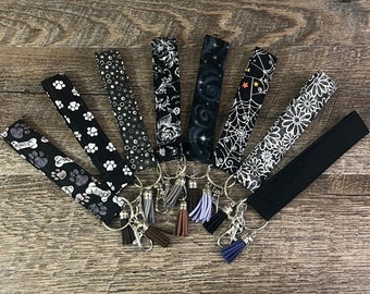 Black White Wristlets with Tassels Lobster Claw Clipper, Gothic Cotton Key Fob Wristlet Heavy Duty Dog Bone Dog Paw Floral Vine Black Galaxy