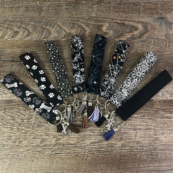 Black White Wristlets with Tassels Lobster Claw Clipper, Gothic Cotton Key Fob Wristlet Heavy Duty Dog Bone Dog Paw Floral Vine Black Galaxy