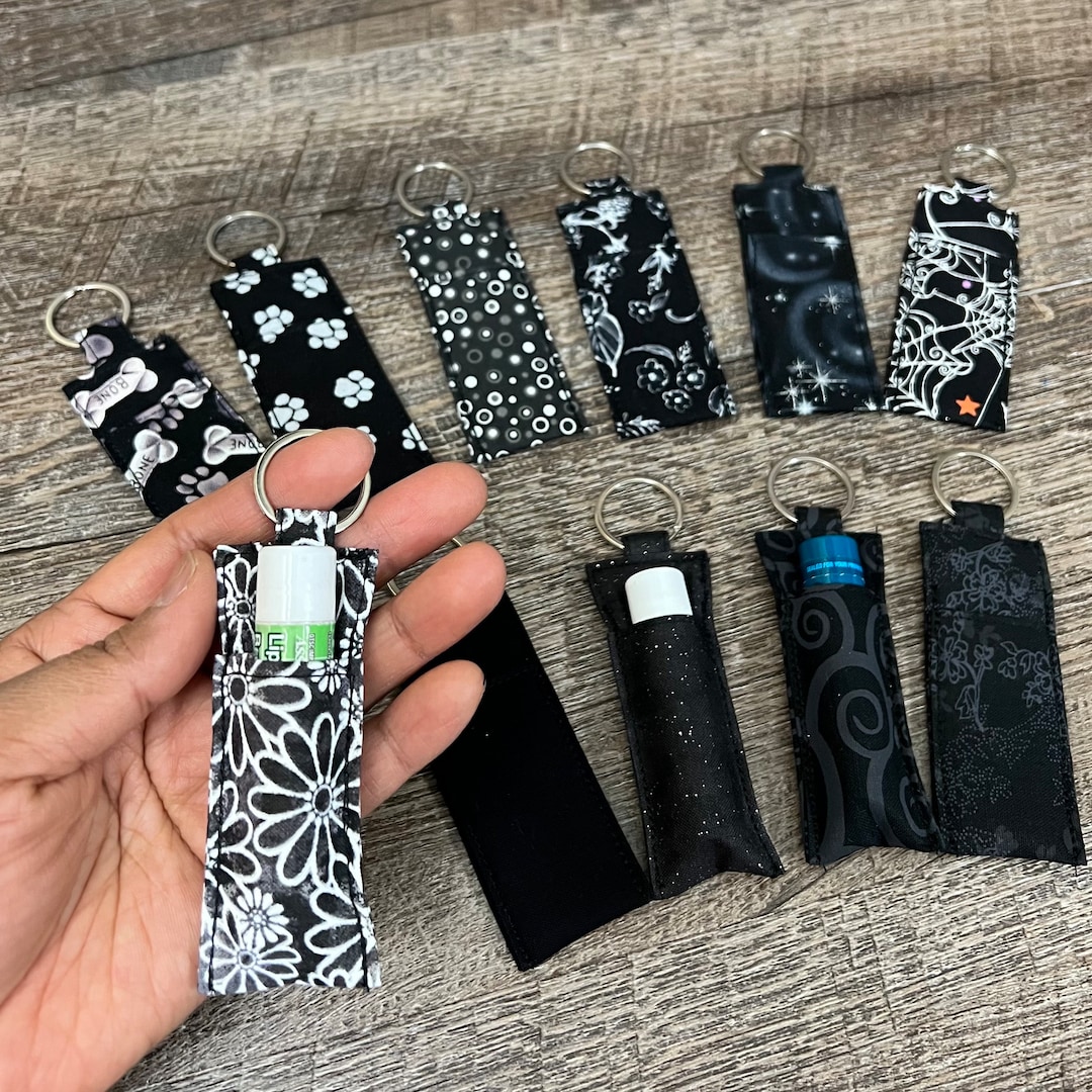 Black Fabric Lip Balm Holder, Handmade Chapstick Pouch, Glitter Floral