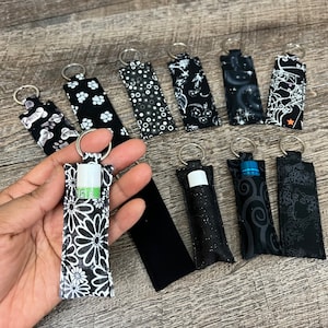 Black Fabric Lip Balm Holder, Handmade Chapstick Pouch, Glitter Floral Fabric Lip Balm Keychains Dog Lovers Fits Standard Size Lip Balm