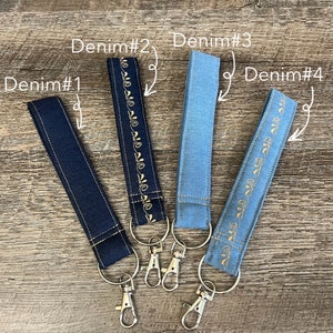 Blue Denim Jeans Key Fob Wristlet, Denim Wristlet Keychain with Tassels & Lobster Claw Clippers, Clasp Swivel Split Key Ring Wristlets