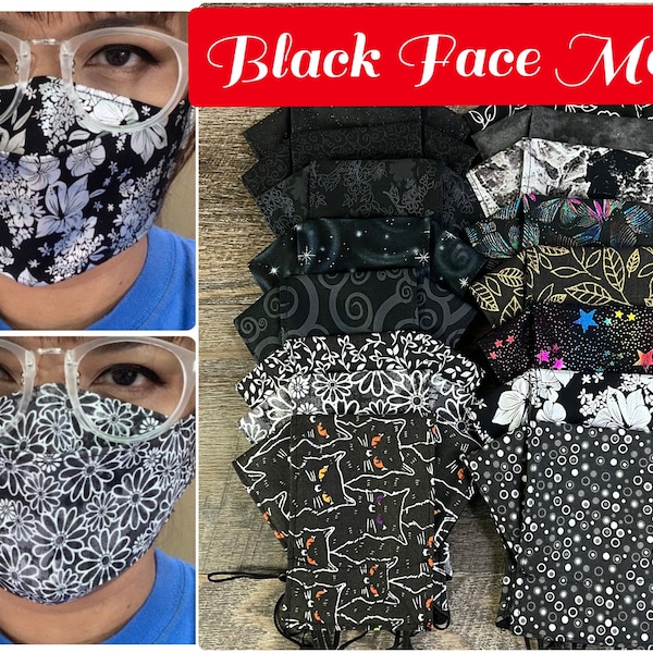 Face Masks for Glasses Wearers Black Face Mask Double Layer Glitter Black Grey Floral Vine Adjustable Straps Easy to Breath on Airplanes