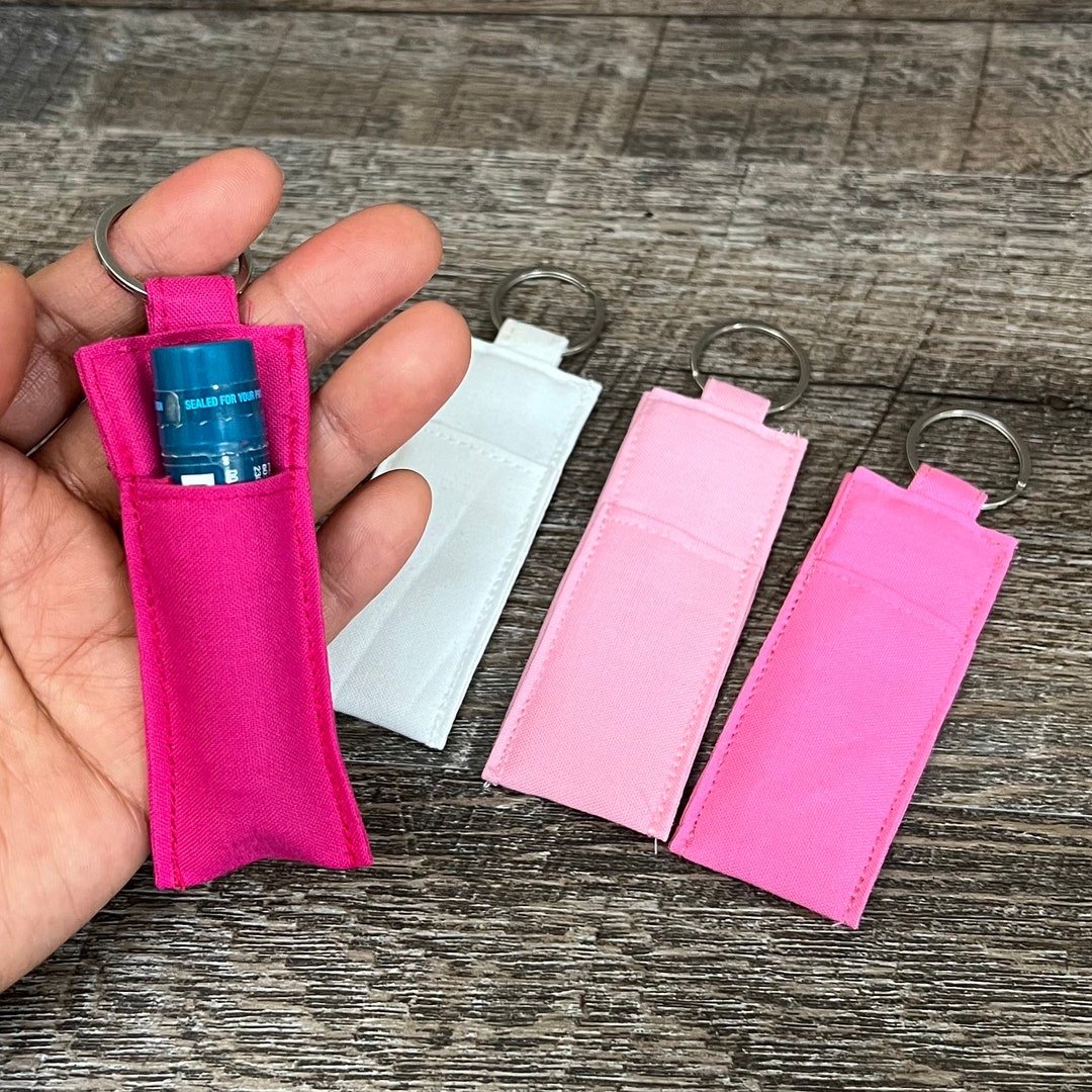 Solid Pink Lip Balm Holder Keychains Keyrings Lip Stick Pouch Keychains
