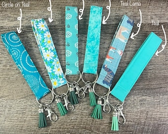 Teal Key Fob Wristlet Keychain Tassels Lobster Claw Clipper Floral Lama Batik Key Fob Wristlets Solid Color Teal Blue Turquoise Lovers Gift