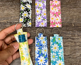 Pink Daisy Lip Balm Holder Keyrings Yellow Floral Fabric Pouch Keychains Fits Standard Size Lip Balms, Chapstick Holders