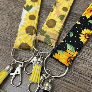 Handmade Sunflower Wristlet Keychains made of 100% Cotton Fabric and Paddings with Silver Color Split Key Rings, Clippers and Tassels