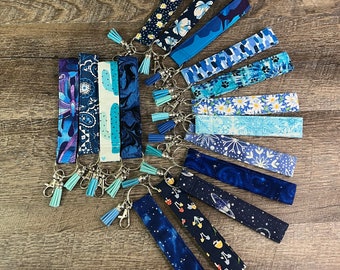 Blue Key Fob Wristlet Keychain, Gift for Blue Lovers Blue Wristlet Durable Heavy Duty, Flower Shark keychains Blue Lanyard, Something Blue