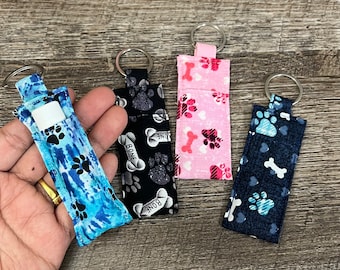 Dog Paw Print Lip Balm Holder Pink Blue Black Dog Bone Fabric Pouch Keychains Dog Mom Dog Lovers Fits Standard Size Lip Balm, Inhaler Case