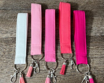 Pink Wristlet Keychain Pink Key Fob Tassels Lobster Claw Clipper Cotton Key Fob Wristlets Thick Heavy Duty Solid Color Gift for Pink lovers