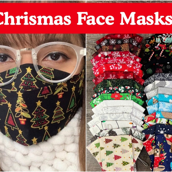 Christmas Fabric Face Masks for Glasses Double Layer Holy Vine Snowflake Snowman Sloth Glittery Cotton Adjustable Straps 3D Origami Washable