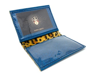 Turquoise Blue Small Wallet for Cards, ID and Cash - Metal Flake, Glitter Vinyl, Sparkly, Rockabilly, Psychobilly, Bifold Wallet, Leopard