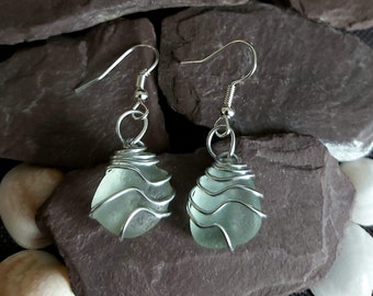 Cornish Sea Glass Earrings and Pendant necklace Set, Silver Wire Wrapped Jewelry
