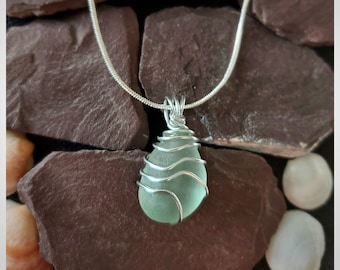 Sea Glass Pendant, Silver Wire Wrapped Necklace, English beach glass Jewelry