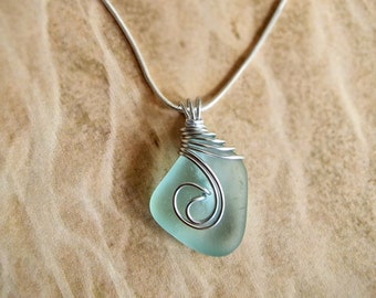 Handmade Sea Glass Necklace, Silver Swirl Pendant, Recycled Ocean Jewelry