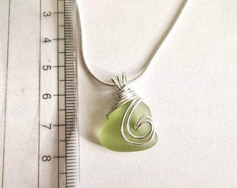 Sea Glass Necklace: Silver Wire Wrapped Pendant jewellery, Rare Green English seaglass