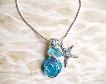 Blue Sea Glass Pendant Necklace: Silver Wire Wrapped jewellery