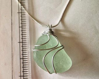 Sea Glass Pendant Necklace: Silver Wire Wrapped jewellery with English beach glass