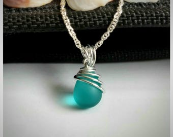 Blue Sea Glass Necklace: Sterling Silver Wire Wrapped Pendant jewellery