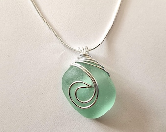 Sea Glass Necklace: Wire Wrapped handmade Pendant with Sterling Silver Chain, Big beach glass