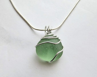 Sea Glass Necklace: Silver Wire Wrapped handmade Pendant with Sterling Silver Chain