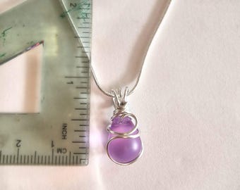 Lavender Sea Glass Necklace, Wire Wrapped Pendant with Sterling silver chain