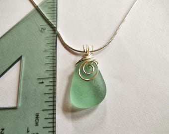 Blue green Sea Glass Necklace: Silver Wire Wrapped Pendant, Sterling Silver Chain