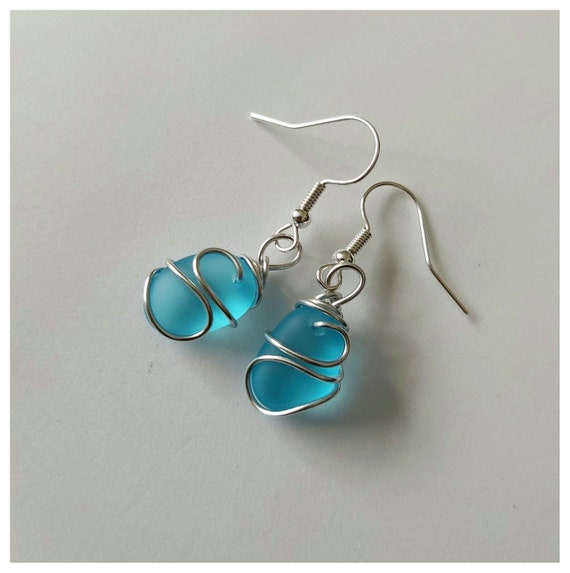 Sea Glass Earrings Wire Wrapped Jewellery Handmade Jewelry Blue