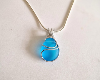 Blue Sea Glass Necklace: Silver Wire Wrapped Pendant personalised jewellery