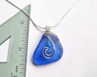 Sea Glass Necklace: Silver Wire Wrapped Pendant jewellery, Rare Green English seaglass
