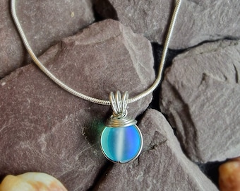 Aqua Blue Sea Glass Pendant Necklace: Wire Wrapped beach glass Jewellery