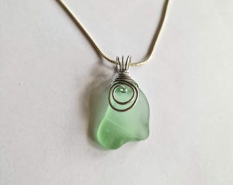 Sea Glass Pendant, Silver Wire Wrapped Necklace, English beach glass Jewelry