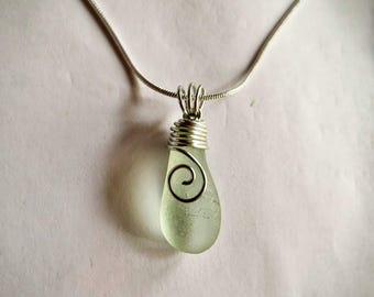 Rare Sea Glass Necklace: Silver Wire Wrapped handmade Pendant with Silver Chain