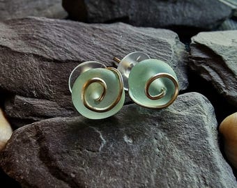 Sea foam green Sea Glass Stud Earrings: Silver-Plated Wire Wrapped Jewelry