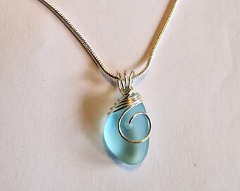 Blue Sea Glass Necklace, Silver Wire Wrapped Pendant with sterling silver chain