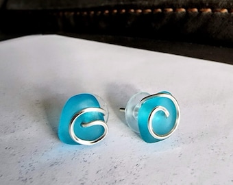 Handmade Sea Glass Stud Earrings, Wire Wrapped, Ocean Jewelry