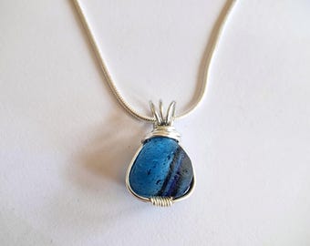 Rare Blue Sea Glass Pendant Necklace, Wire Wrapped Jewellery with Sterling silver chain