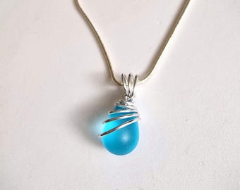 Blue Sea Glass Necklace: Silver Wire Wrapped Pendant jewellery