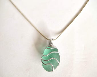 Sea Glass Pendant Necklace: Silver Wire Wrapped jewellery with English beach glass